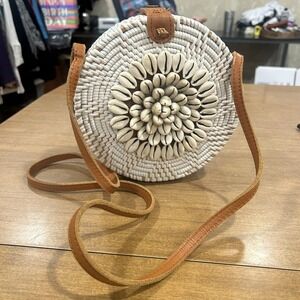 Shell Crossbody Bag Womens Small White Straw Leather Round Woven Beach Purse